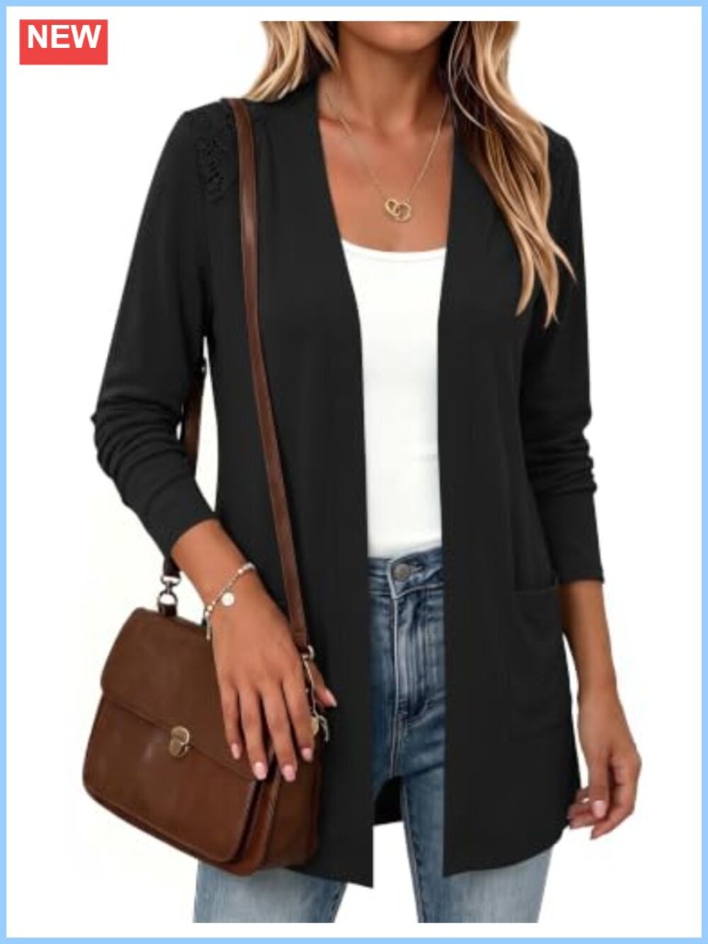 Womens Lightweight Open Front Cardigan Lace Shoulder Long Sleeve Sweater